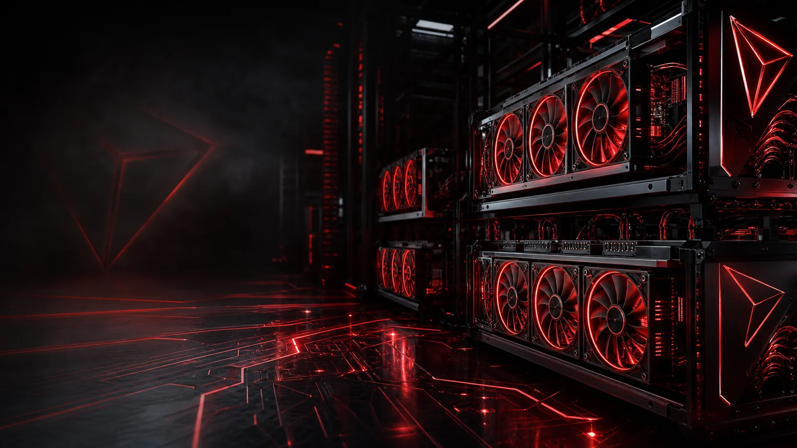 Virtual crypto mining farm with glowing miner rig